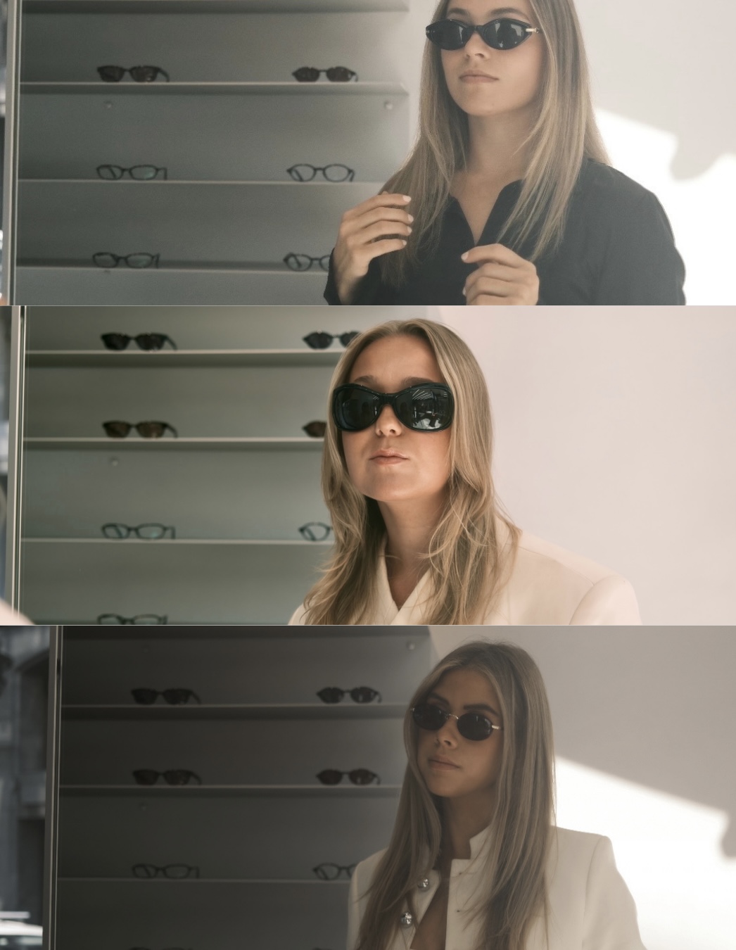 Kvinne med blonde hår i solbriller foran en optikk-hylling — KRE@IVE STUDIOS editorial